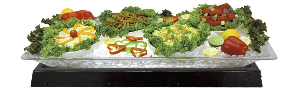 1BLCS35-Chefstone-lighted-ice-display| 1BLCS35-Chefstone-lighted-ice-display. A black LED lighted base with an acrylic tray filled with salads and garnished with Kale.